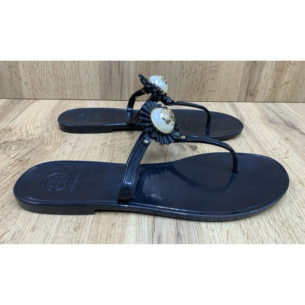 Tory Burch Jelly Thong Sandals Black Gold Logo Pearl Medallion Women's Size 9